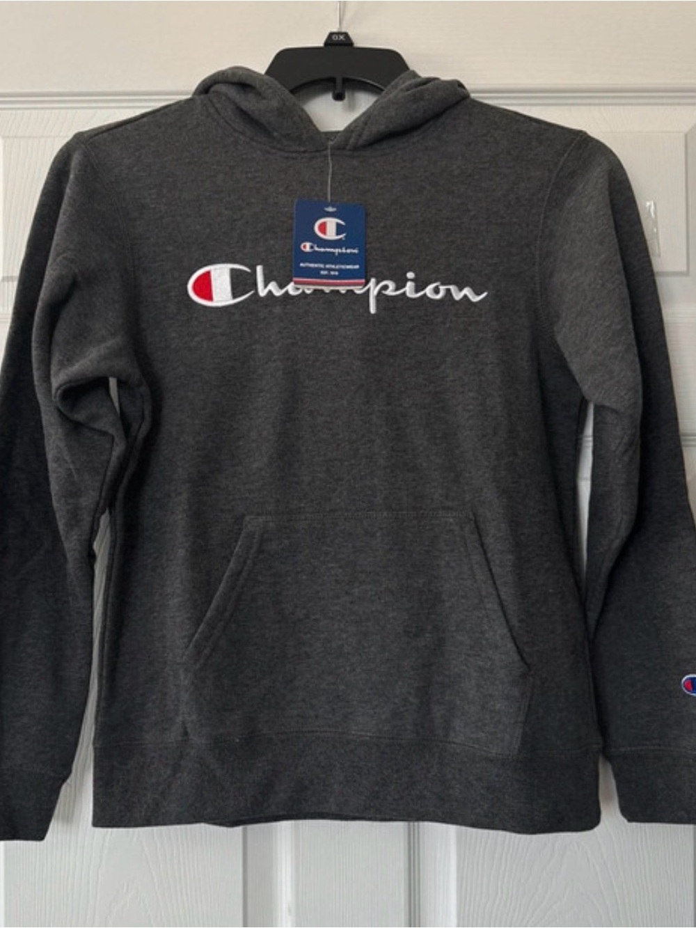 Champion Gray Hoodie with White and Red Logo Tag